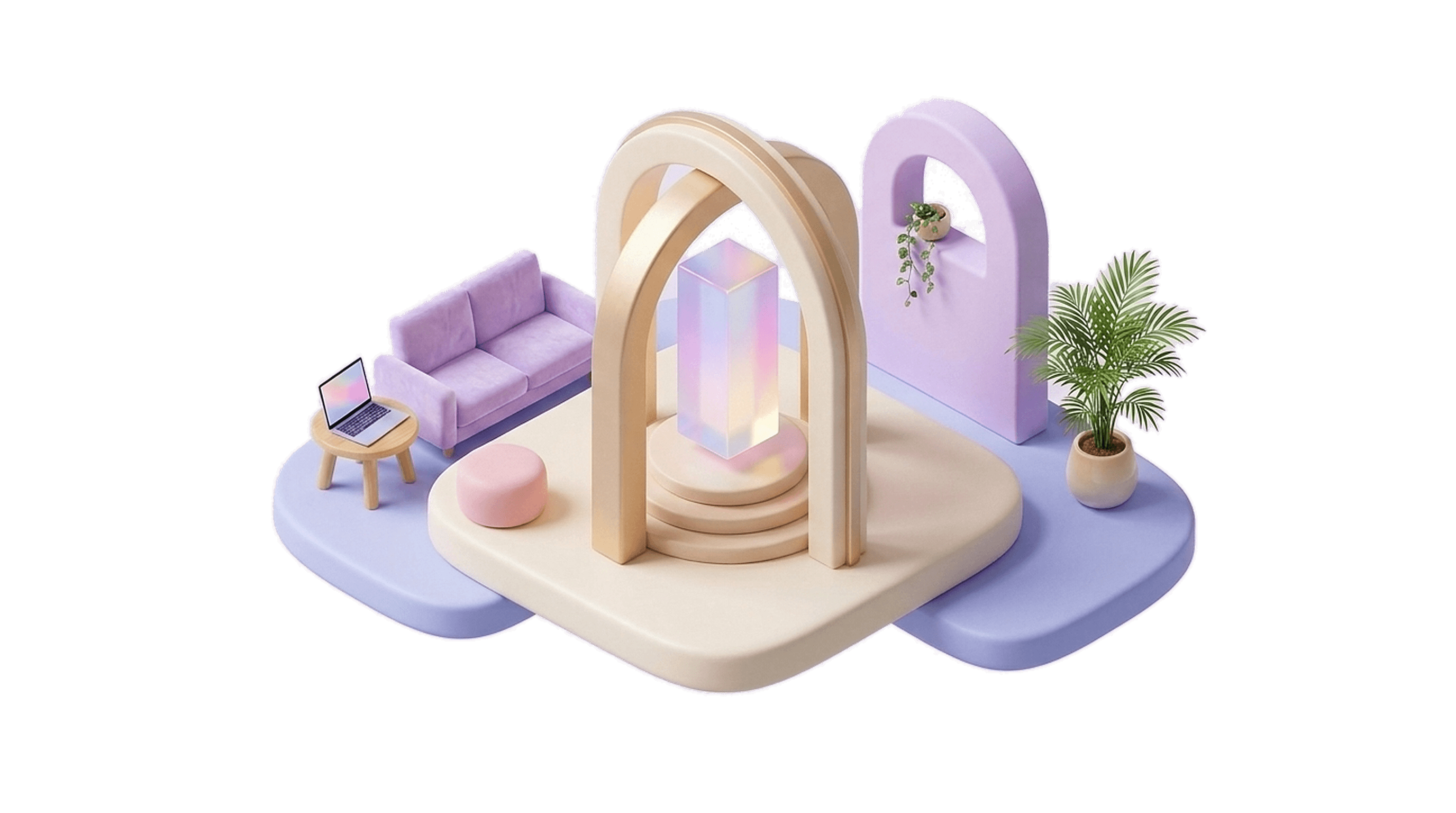 A clay diorama of an architectural studio pavilion with a glowing geometric prism portal, sofa, laptop, and plants.