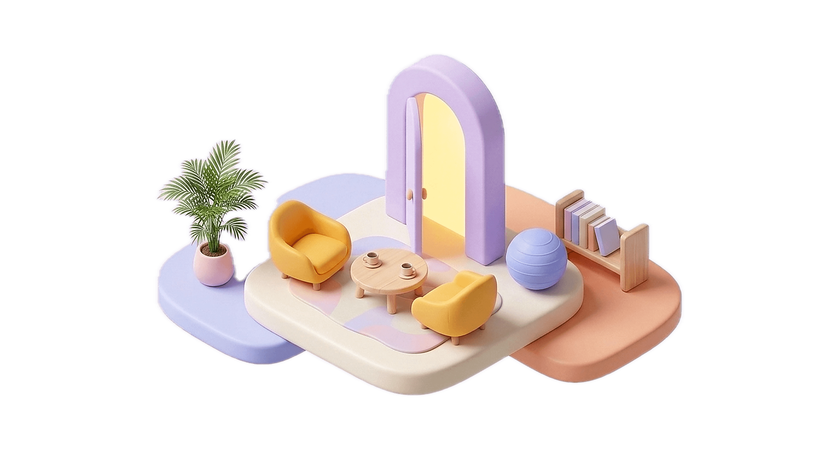 A clay diorama of a lounge terrace with a glowing lilac archway, two yellow armchairs around a coffee table, a bookshelf, and a potted palm.