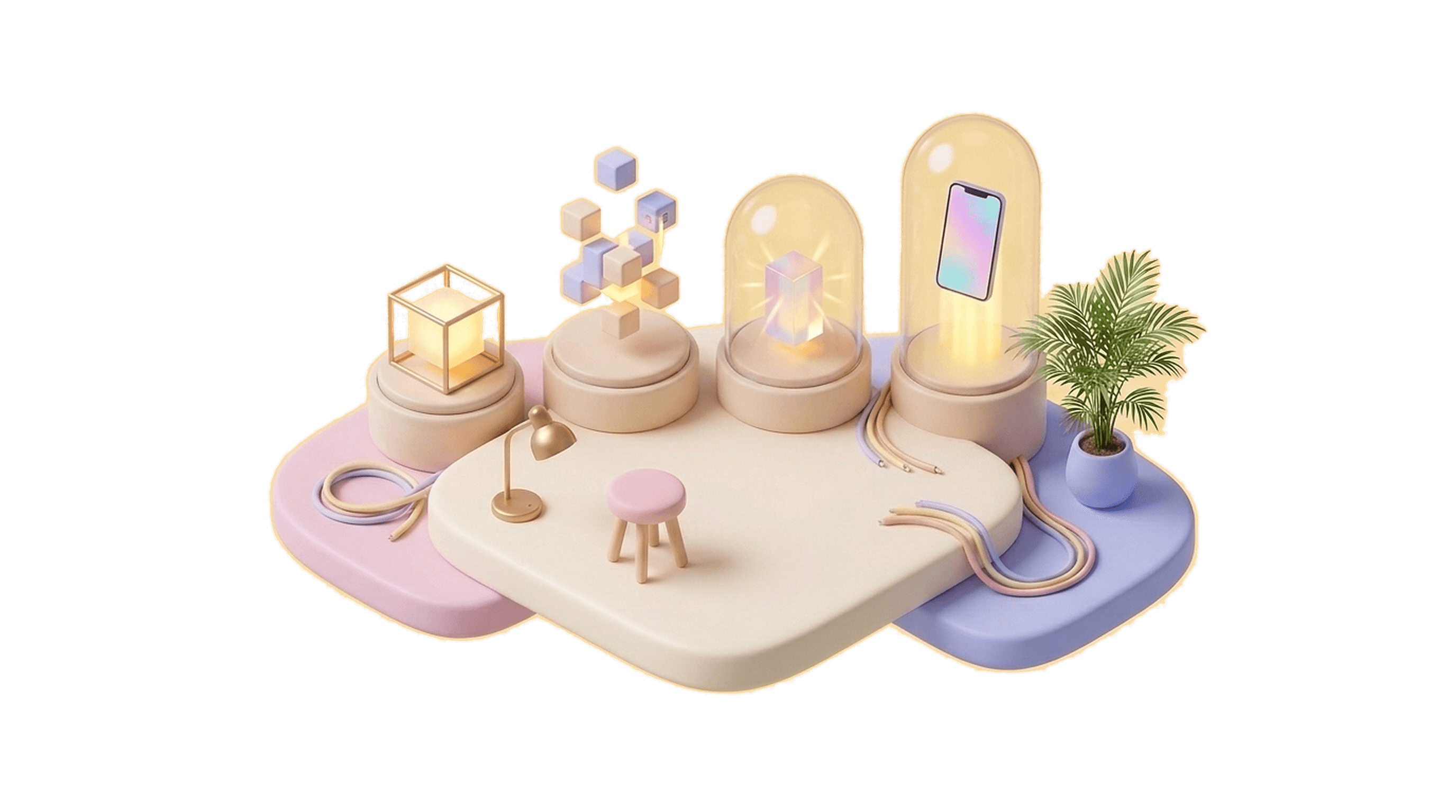 A clay diorama of four progressive architectural pedestals showing a software product evolving from blueprint to modular blocks to a glowing smartphone.