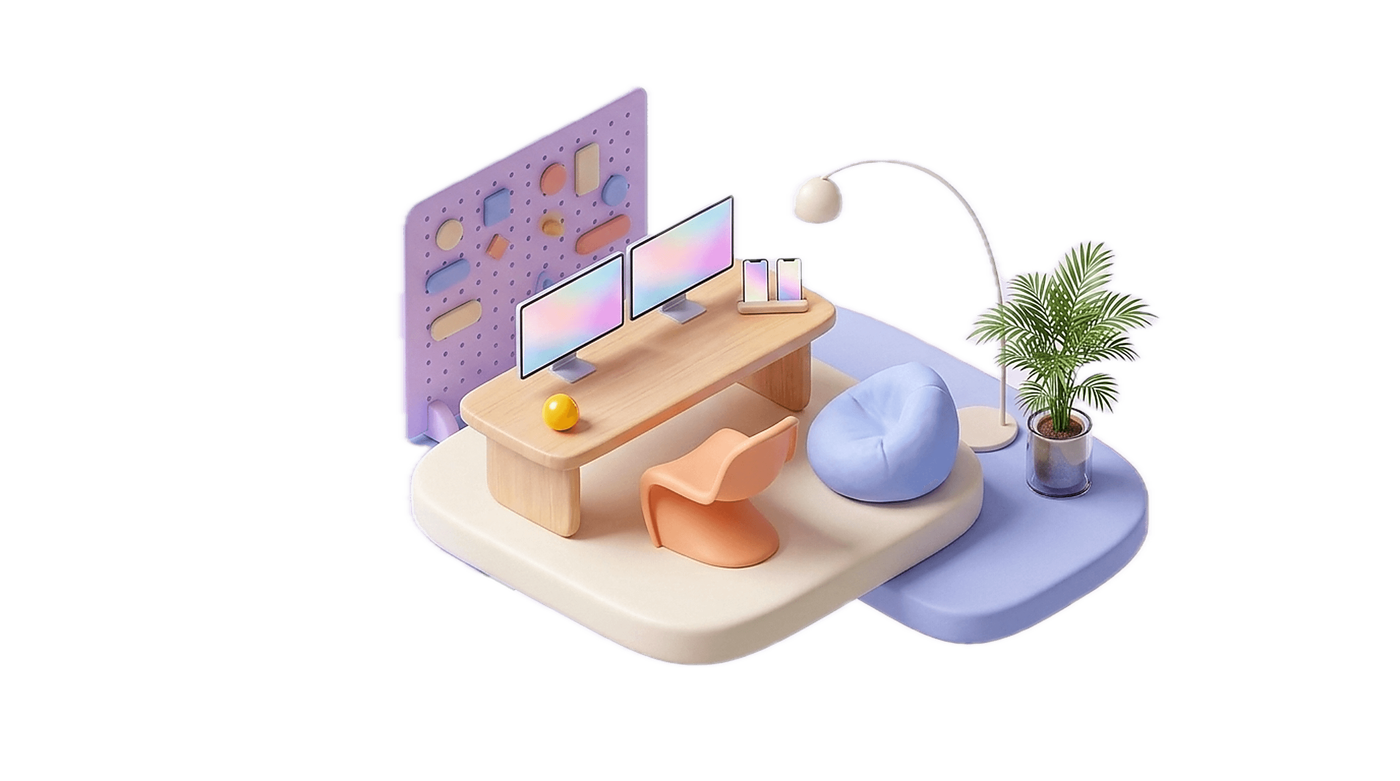 A clay diorama of a studio workspace with dual monitors, a lounge chair, a beanbag, a pegboard, and plants.